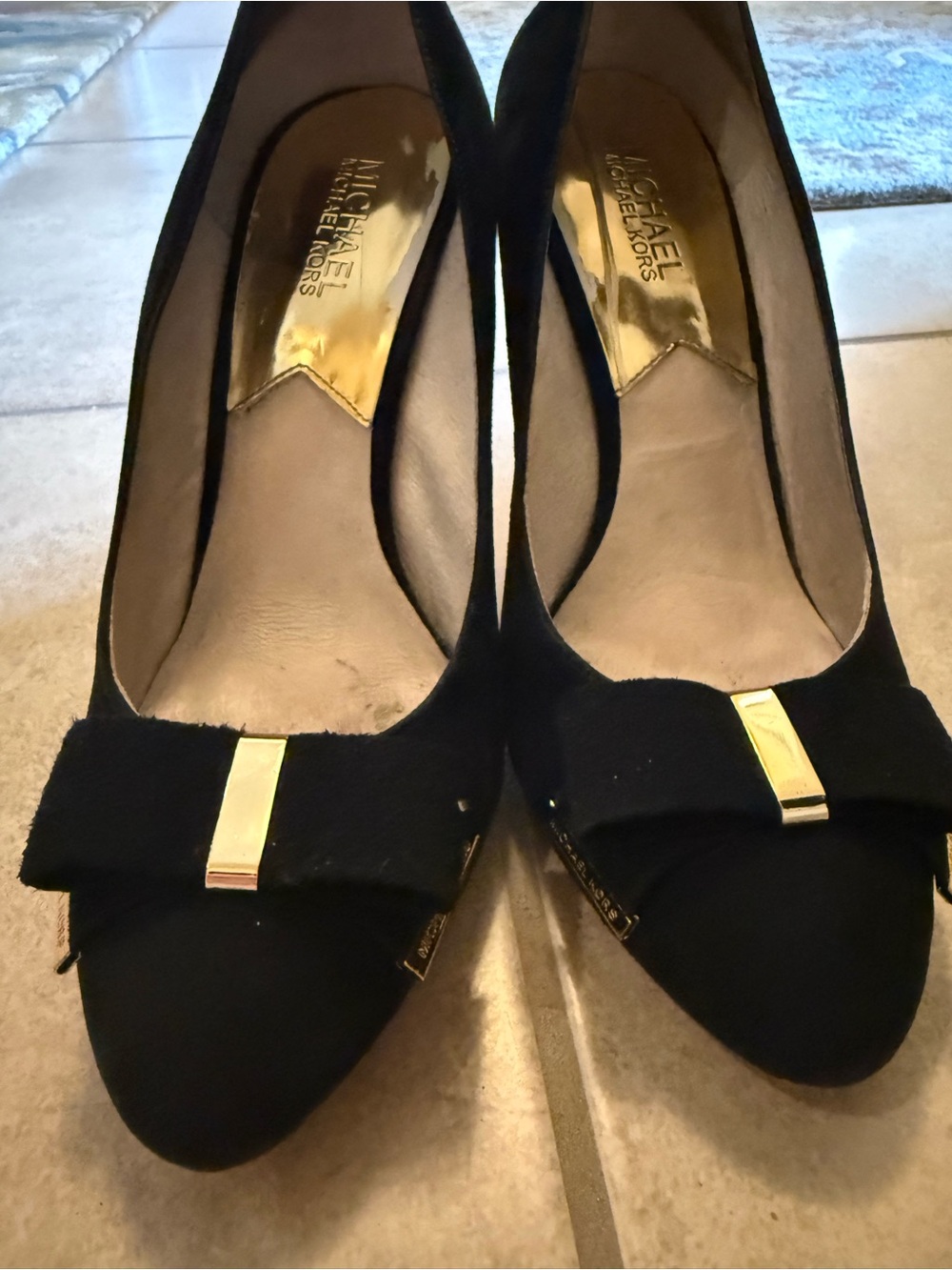 Michael Kors Black Suede Bow Pumps with Gold Trim
